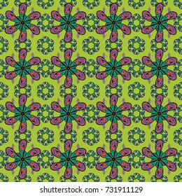 Seamless background pattern. Vector - stock. Flowers with leaves and chamomile with cornflowers on green, black and orange colors.