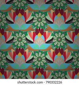 Seamless background pattern. Vector - stock. Flowers with leaves and chamomile with cornflowers on blue, neutral and green colors.