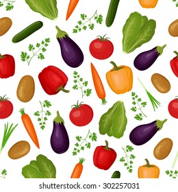 Seamless background pattern with vegetables. Tomato potato carrot eggplant cucumber pepper lettuce and greens