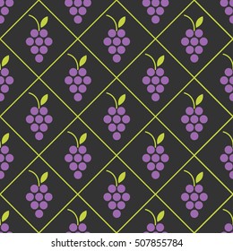 Seamless background with a pattern of vines in geometric squares. Purple grapes on a black background. Suitable for decoration of the menu, wine list, paper packaging for wine. vector illustration.