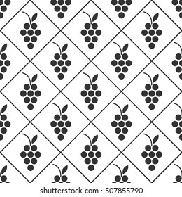 Seamless background with a pattern of vines in geometric squares. Black grapes on a white background. Suitable for decoration of the menu, wine list, paper packaging for wine. vector illustration.