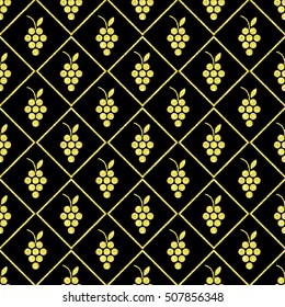 Seamless background with a pattern of vines . glitter; golden grapes on a black background. Suitable for decoration of the menu, wine list, paper packaging for wine. vector illustration.