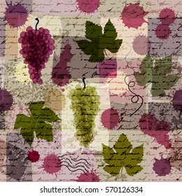 Seamless background pattern. Vintage pattern with leaves and bunches of grapes
