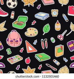 Seamless background, pattern, wallpaper, texture. Template for flyer, advertisement, banner. Vector Doodle Icons Collection. School supplies. Back to school, first day of study.
