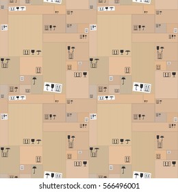 Seamless Background Pattern. Warehouse with Lot of Cardboard Boxes. Brown Corrugated Packages in Stockpile. Cartoon Stack. Moving, Delivery, Logistic Theme. Vector