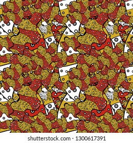 Seamless background pattern. Watercolor, hand drawn. Vector - stock. Doodles on yellow, black and red colors.