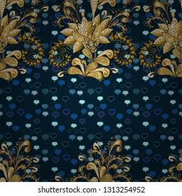 Seamless background pattern. Watercolor, hand drawn. Vector illustration. Wild flowers with leaves on yellow, brown and blue colors.