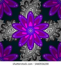 Seamless background pattern. Watercolor, hand drawn. Wild flowers with leaves on blue, purple and violet colors. Vector illustration.