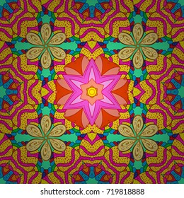 Seamless background pattern. Watercolor, hand drawn. Vector illustration. Wild flowers with leaves on yellow, magenta and green colors.