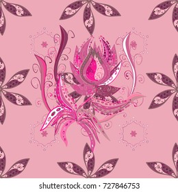 Seamless background pattern. Watercolor, hand drawn. Vector illustration. Wild flowers with leaves on pink, purple and neutral colors.