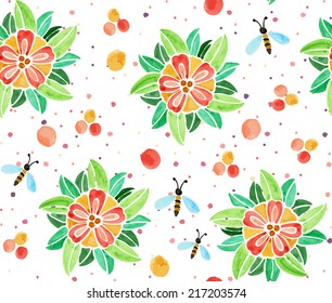 Seamless background pattern. Watercolor hand-drawn flowers and bees. Vector illustration.