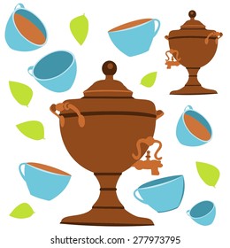 A seamless background pattern of watercolor tea-themed drawings: a samovar and simple tea cups, scalable vector graphic