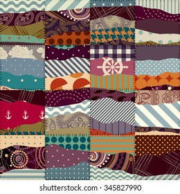 Seamless background pattern. Wavy patchwork of a different fabric.