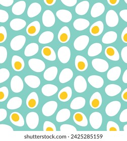 Seamless background pattern with white eggs and eggs with yolk. Easter border, banner, gritting card, wrapping paper in trendy fashion retro colors. Vector illustration