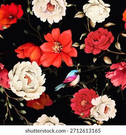 
Padrão de fundo sem emenda com peônia branca, flores silvestres e pássaro em preto. Vetor puro - stock.