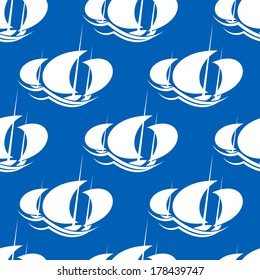 Seamless Background Pattern Of White Silhouettes Of Racing Yachts Upon The Sea With Billowing Sails