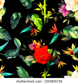 Seamless background pattern with wild flowers, bamboo and tropical leaves on black. Hand drawn illustration. vector - stock.