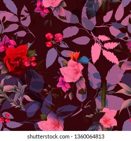 Seamless background pattern with wild flowers, bamboo and tropical leaves on dark violet. Hand drawn illustration. vector - stock.