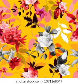 Seamless background pattern with wild flowers, bamboo, tropical leaves and toucan birs on orange. Hand drawn illustration. vector - stock.
