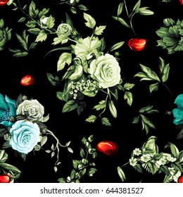 Seamless background pattern. Wild flowers, roses, nightingale and pomegranate buds with branch and leaves on dark.  Watercolor, hand drawn.