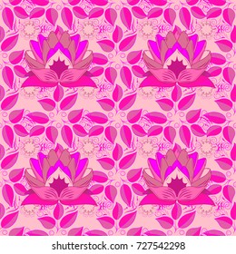 Seamless background pattern. Wild flowers with leaves on neutral, magenta and pink colors. Watercolor, hand drawn. Vector illustration.