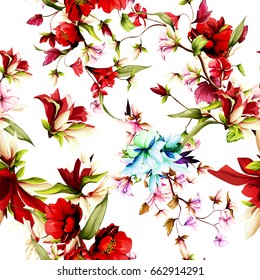 Seamless background pattern. Wild rosemary with pomegranate buds. Abstract, watercolor. Hand drawn, vector.