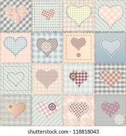 Seamless background pattern. Will tile endlessly. Quilting design with hearts, valentine day pattern. Shabby chic colors