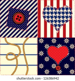 Seamless background pattern. Will tile endlessly. Quilting design in nautical style with hearts.