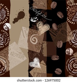 Seamless background pattern. Will tile endlessly. Grunge coffee collage, imitation scrapbooking