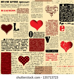Seamless background pattern. Will tile endlessly. Newspaper with hearts
