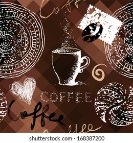 Seamless background pattern. Will tile endlessly. Coffee grunge pattern on polygonal background