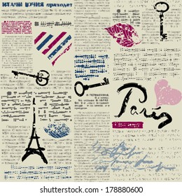 Seamless background pattern. Will tile endlessly. Newspaper "Paris"