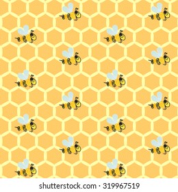 Seamless background pattern with yellow honeycombs and repeating bees. Vector illustration eps 10