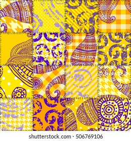 Seamless background pattern. Yellow patchwork with the grunge ornament