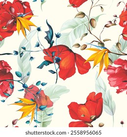 Seamless background pattern. Yellow and red flower of paradise with branches on pastel. Abstract, pure vector - stock.