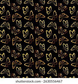 Seamless background pattern of yellow-gold butterflies on a black background, for design and printing on paper and fabric.