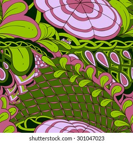 Seamless background pattern with zentangle chain and floral elements in green and pink - vector illustration