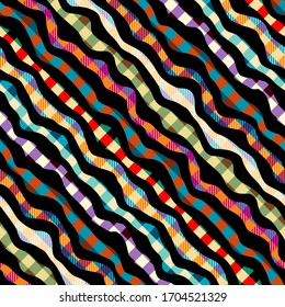 Seamless background pattern.Plaid wavy strips pattern in patchwork style. Vector image