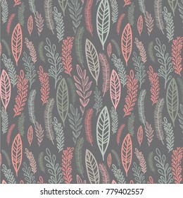 Seamless background patterns of leaves in pastel colours on a background of graphite . Abstract leaf texture, vector illustration.