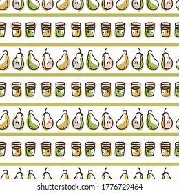 Seamless background pear fruit juice. Gender neutral kid food pattern. Simple whimsical minimal earthy 2 tone color. Baby nursery wallpaper or boho decorative gardening decor all over print. 
