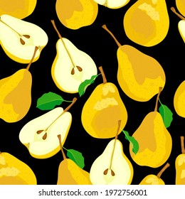 Seamless background with pears with leaves on a black. Hand drawn endless pattern. Stock vector illustration.