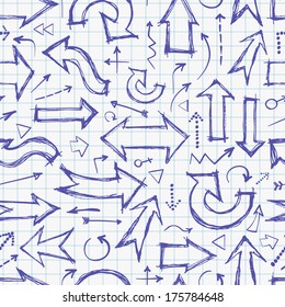 Seamless background with pen sketch arrows on squared paper. Seamless background. Can be used for wallpaper, pattern fills, textile, web page background, surface textures.