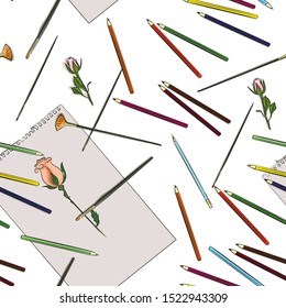 Seamless background with pencils, paper and brushes. Vector illustration, EPS 10