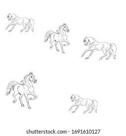 seamless background of pen-drawn horses on a white background, pattern of isolated drawings