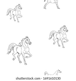 seamless background of pen-drawn horses on a white background, pattern of isolated drawings