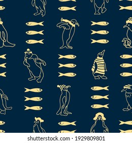 seamless background with penguin and fich, vector design for paper, fabric