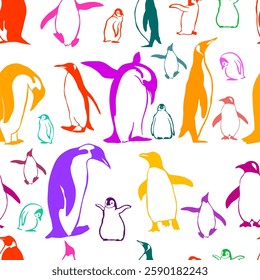 Seamless background penguins. hand drawing. Not AI, Vector illustration