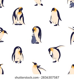 Seamless background with penguins. Repeatable pattern of cute polar birds with their babies. North Pole nature wallpaper design. Paper wrap texture with winter animals. Emperor penguins vector print