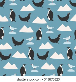 Seamless background with penguins, seals, gulls and icebergs for winter and christmas theme. Vector illustration. 