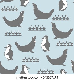 Seamless background with penguins and seals for winter and christmas theme. Vector illustration. 